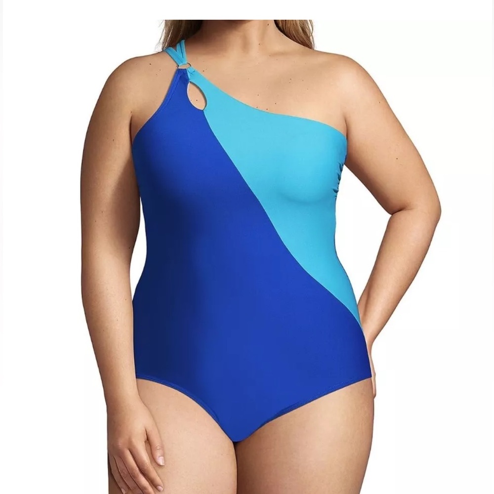 LAND'S END WOMEN'S PLUS SIZE TUMMY CONTROL ONE SHOULDER ONE PIECE SWIMSUIT 24W